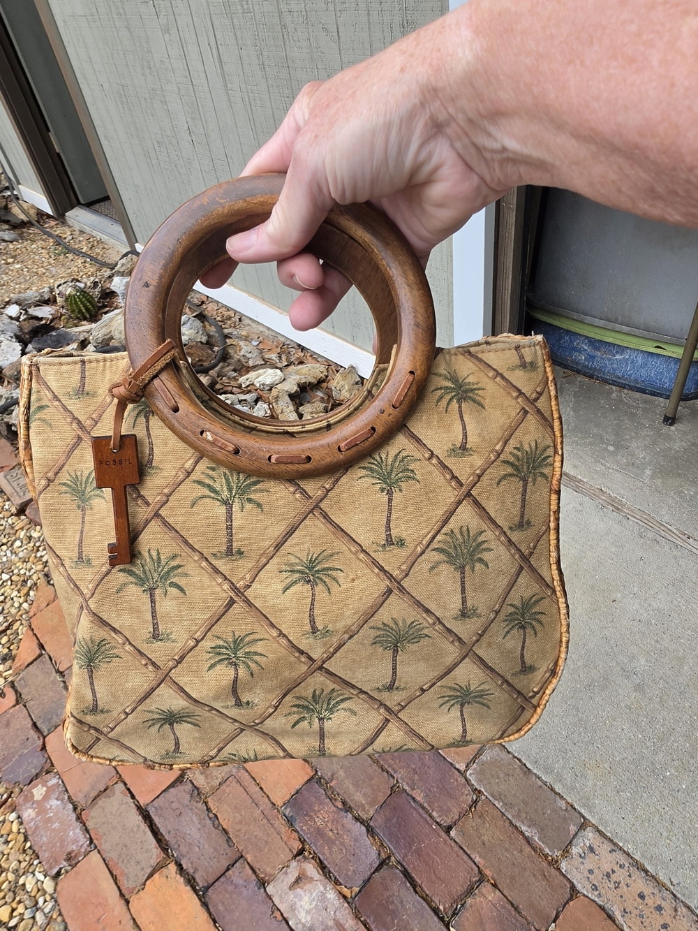 Fossil Palm-Print Canvas Tote with Wooden Ring Handles - Tan